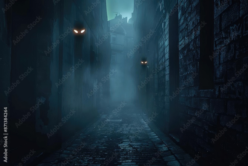 Mysterious dark alleyway with fog and glowing lights, creating an eerie and spooky atmosphere perfect for Halloween or horror themes. Mysterious dark alleyway with fog and glowing lights, creating an eerie and spooky atmosphere perfect for Halloween or horror themes.