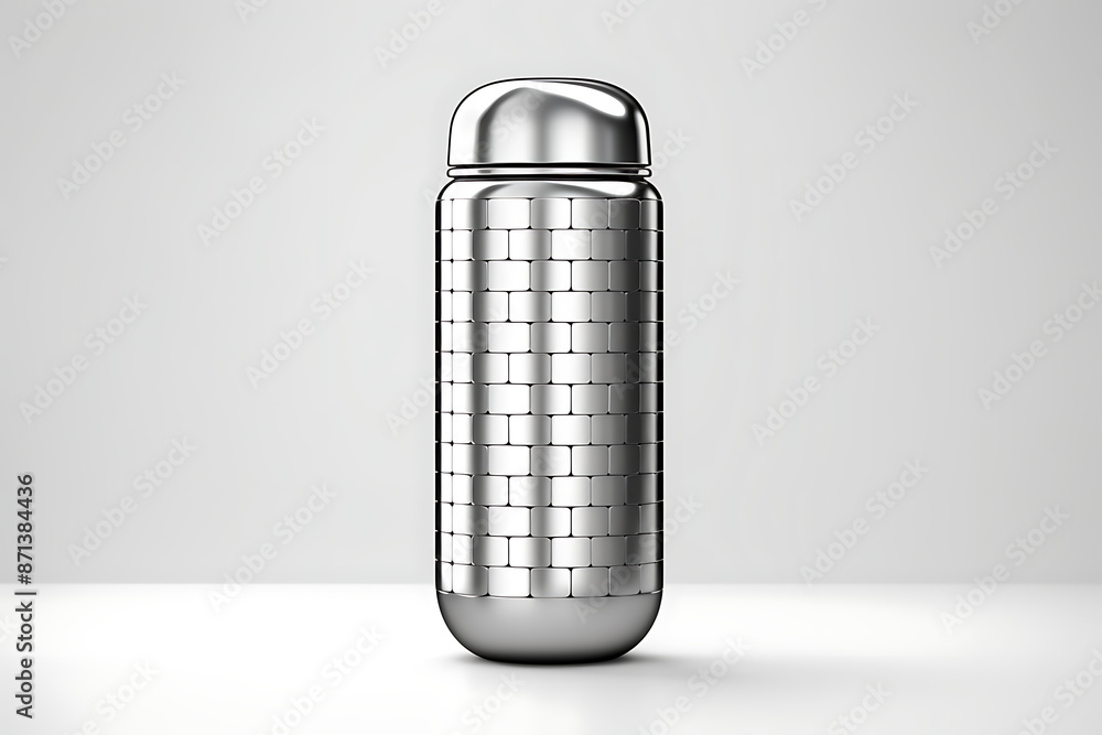 A silver metal bottle with a silver top A silver metal bottle with a silver top
