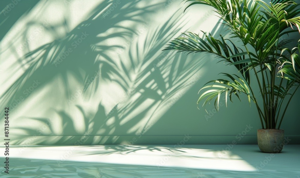 Indoor potted plant casting shadows on green wall in sunlight, creating tropical ambiance Indoor potted plant casting shadows on green wall in sunlight, creating tropical ambiance