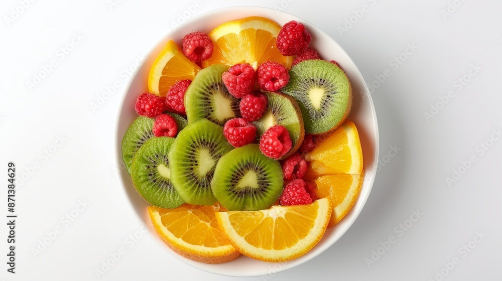 Fresh fruit salad featuring kiwis, raspberries, and oranges, close-up, bright and colorful, isolated background, studio lighting, sharp quality, ideal for ads Fresh fruit salad featuring kiwis, raspberries, and oranges, close-up, bright and colorful, isolated background, studio lighting, sharp quality, ideal for ads