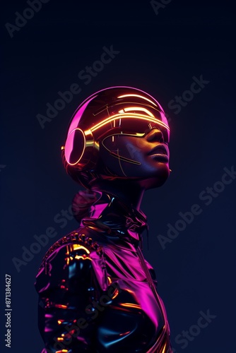 Futuristic robot woman looking up against a dark blue background with glowing neon lights, close-up, style sci-fi © Danaus
