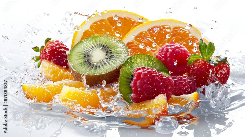 Fruit platter featuring oranges, raspberries, kiwis, and strawberries, water flowing over the edge, high clarity, isolated background, studio lighting, ideal for advertising Fruit platter featuring oranges, raspberries, kiwis, and strawberries, water flowing over the edge, high clarity, isolated background, studio lighting, ideal for advertising