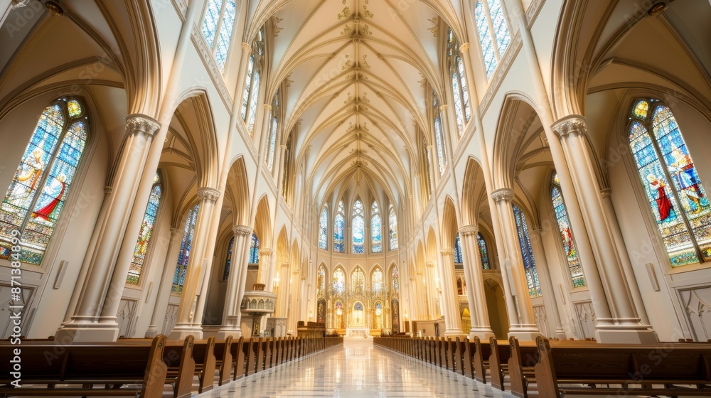 Fototapeta premium Grand church interior featuring high-vaulted ceilings, stained glass windows on both sides, detailed and colorful, illuminated by soft light