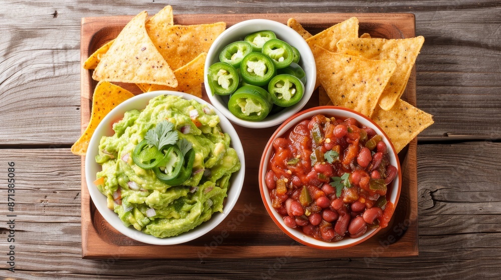 Guacamole, salsa, beans, jalapenos, chorizo, and tortilla chips, top view on wooden board, isolated background, studio lighting, Mexican theme, clarity for advertising Guacamole, salsa, beans, jalapenos, chorizo, and tortilla chips, top view on wooden board, isolated background, studio lighting, Mexican theme, clarity for advertising