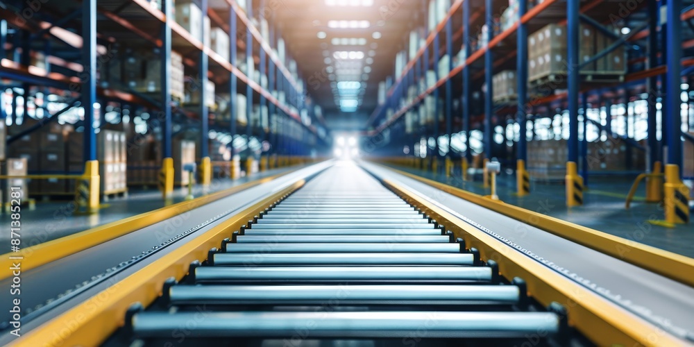 A conveyor belt system transporting goods through an industrial warehouse, streamlining the distribution process A conveyor belt system transporting goods through an industrial warehouse, streamlining the distribution process