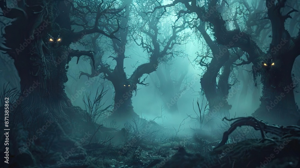 Eerie dark forest with twisted trees and glowing eyes, creating a spooky and mysterious atmosphere in the dense mist. Eerie dark forest with twisted trees and glowing eyes, creating a spooky and mysterious atmosphere in the dense mist.