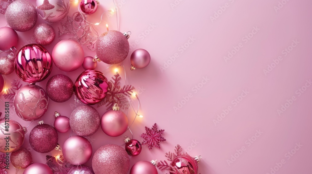 Pink Christmas decorations on pastel background with lighting and shadow Festive holiday theme Overhead view with open space Pink Christmas decorations on pastel background with lighting and shadow Festive holiday theme Overhead view with open space