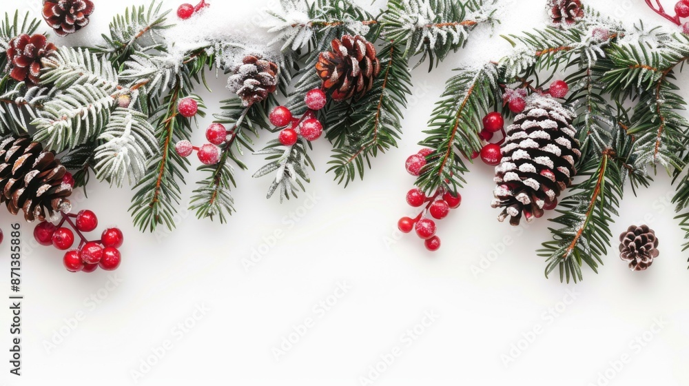 A winter festive decoration with pine cones, snow-covered branches, and red berries on a white background. A winter festive decoration with pine cones, snow-covered branches, and red berries on a white background.