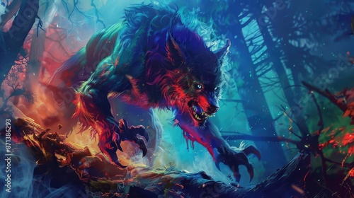 A vibrant, fierce werewolf poised to attack in a colorful fantasy forest. The scene is filled with dynamic energy and intense emotions.