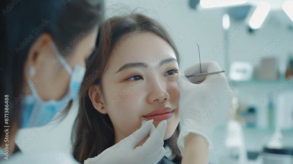 Create a realistic and detailed digital artwork of a cosmetic procedure being performed in a modern clinic. Focus on a young woman receiving a precise treatment from a skilled professional. Create a realistic and detailed digital artwork of a cosmetic procedure being performed in a modern clinic. Focus on a young woman receiving a precise treatment from a skilled professional.