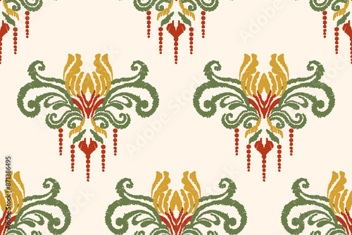 Ethnic ikat seamless pattern in tribal. Aztec geometric ethnic ornament print. Ikat pattern style. Design for background, wallpaper, illustration, fabric, clothing, carpet, textile, batik, embroidery.
