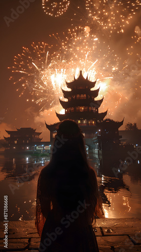 Couple in traditional Hanfu attire admiring fireworks under ancient Chinese architecture at night, showcasing the rich cultural heritage and romantic ambiance of China’s historical celebration. photo