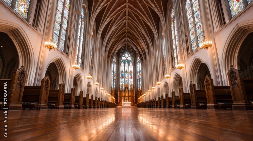 Stunning church interior with towering vaulted ceilings, stained glass windows on either side, rich details, tranquil lighting, grand and serene Stunning church interior with towering vaulted ceilings, stained glass windows on either side, rich details, tranquil lighting, grand and serene