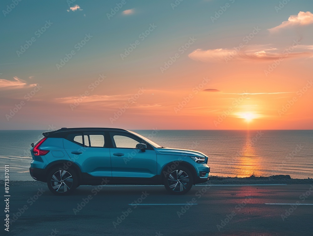 SUV car on the road with beautiful sunset in the background. SUV car on the road with beautiful sunset in the background.