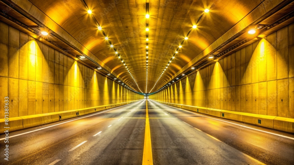 Vibrant yellow lights illuminate sleek asphalt lanes in a cavernous symmetrical underground highway tunnel with smooth concrete walls and ceiling. Vibrant yellow lights illuminate sleek asphalt lanes in a cavernous symmetrical underground highway tunnel with smooth concrete walls and ceiling.