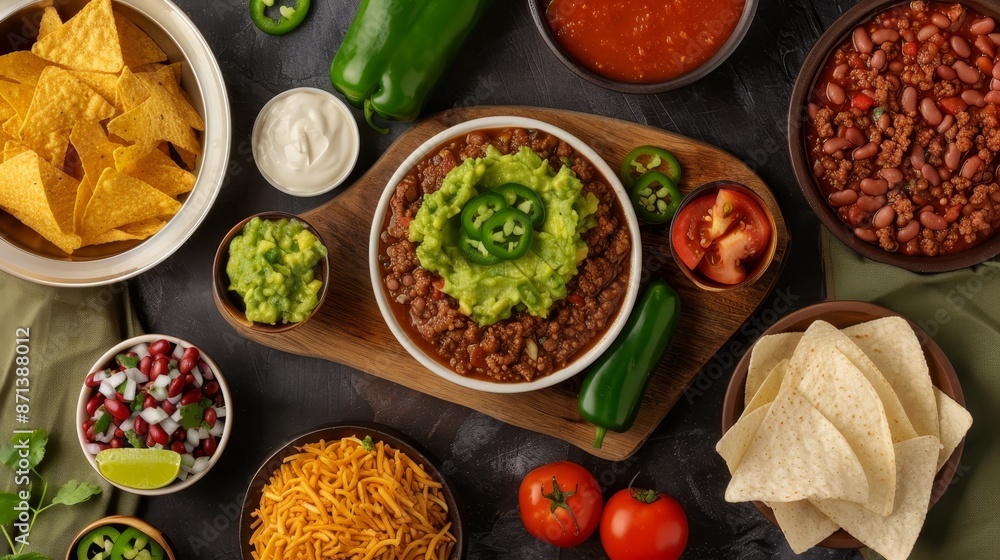 Top view of Mexican cuisine display, guacamole, salsa, beans, jalapenos, chorizo, tortilla chips on wooden board, isolated background, studio lighting, advertising clarity Top view of Mexican cuisine display, guacamole, salsa, beans, jalapenos, chorizo, tortilla chips on wooden board, isolated background, studio lighting, advertising clarity