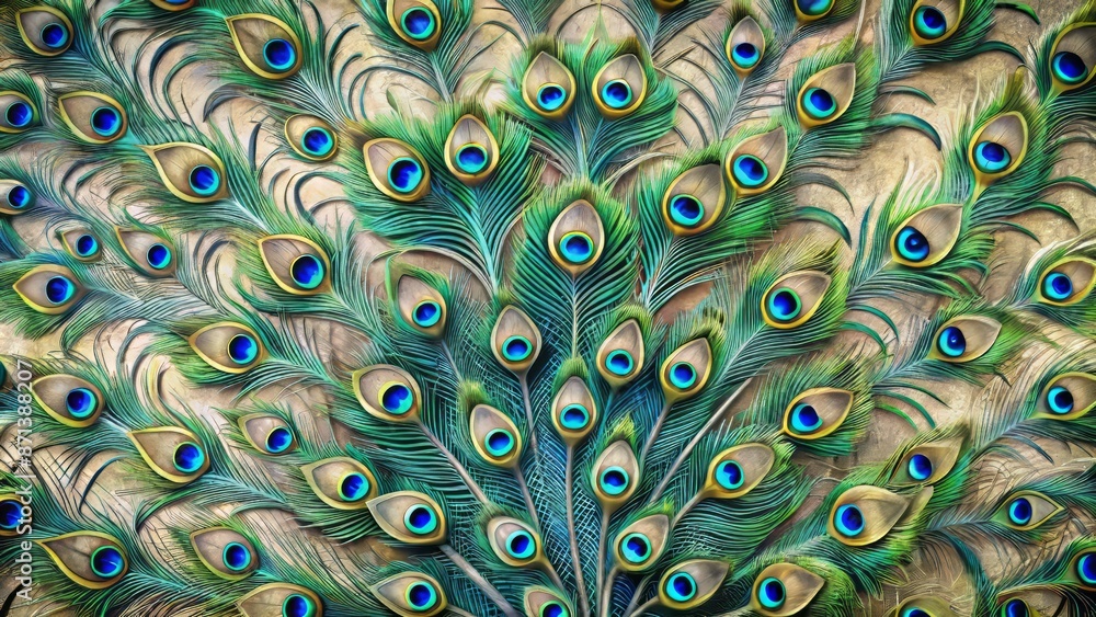 Obraz premium Vibrant iridescent blue and green peacock feathers unfold into a stunning ornate pattern against a neutral gray textured background.