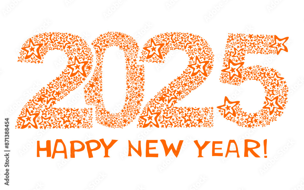 Happy new year 2025! Celebration white background with orange stars and place for your text. Art design celebrate party invitation template. Decorate numbers 2025 Horizontal banner. Vector Happy new year 2025! Celebration white background with orange stars and place for your text. Art design celebrate party invitation template. Decorate numbers 2025 Horizontal banner. Vector