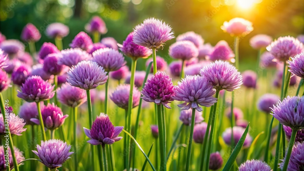 Vibrant purple flowering chives swaying gently in a lush green vegetable garden on a sunny spring morning with soft focus background. Vibrant purple flowering chives swaying gently in a lush green vegetable garden on a sunny spring morning with soft focus background.