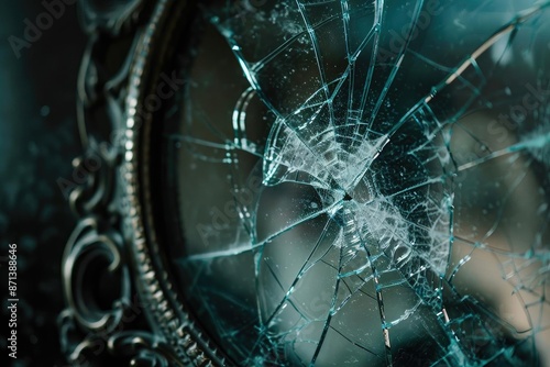Close-up of a shattered antique mirror with intricate frame, captured in detail to highlight cracks and reflections, symbolizing brokenness and history. photo