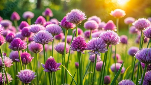Vibrant purple flowering chives swaying gently in a lush green vegetable garden on a sunny spring morning with soft focus background.