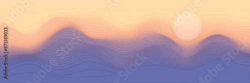 Mountain panoramic view, abstract stylization, sunset light and sun, vector illustration