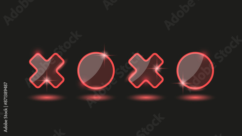 Glowing red neon xoxo symbols with light effects on black background, glossy letters abbreviated informal term hugs and kisses icons.
