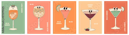 Groovy characters of cocktails and drinks. Retro poster set Hello summer and summer party. Cafe bar or cocktail lounge flyer collection. Vector illustration