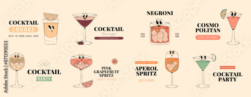 Groovy characters of cocktails and drinks, set of retro banners and labels with popular alcoholic beverages. Cafe bar or cocktail lounge logos and signs collections. Retro vector illustrations 70s,80s