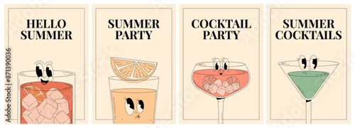 Groovy characters of popular alcoholic beverage and cocktails. Retro poster set Hello summer, summer party, cocktail party and summer cocktails. Vector illustration