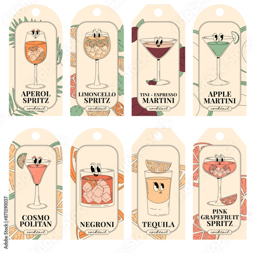Retro groovy characters summer cocktails. Trendy psychedelic label or tag set with cute alcohol beverage aperol spritz, negroni, tequila, cosmopolitan and more. Vector illustration