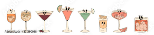 Retro groovy characters summer cocktails. Set of cute alcohol beverage aperol spritz, negroni, tequila, cosmopolitan and other. Vintage vector illustration 70s, 80s style