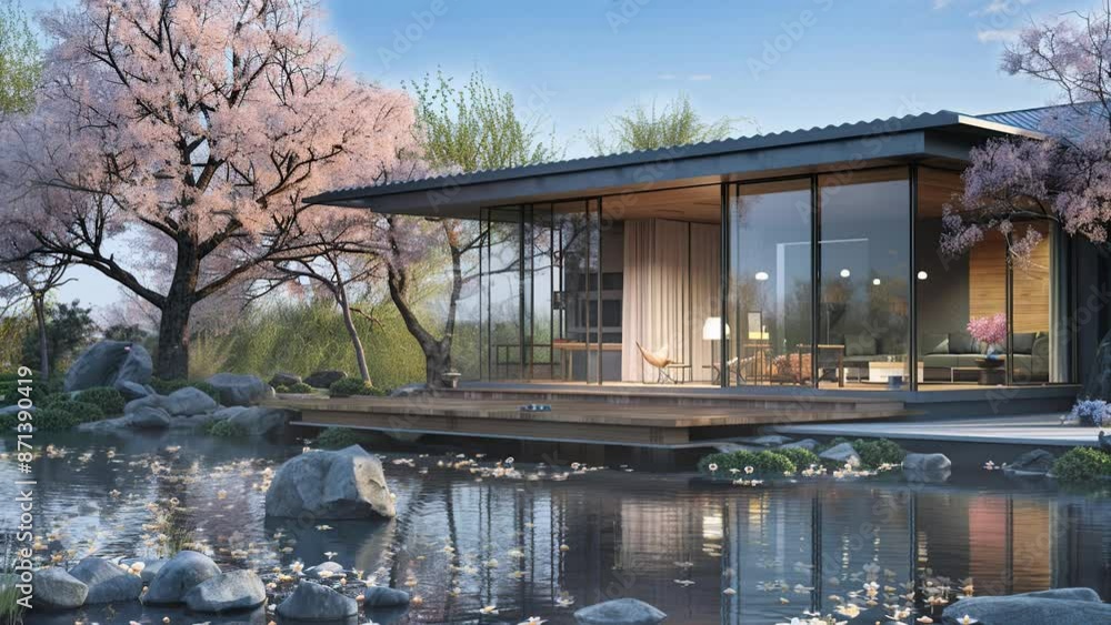 Japanese house with a blooming Sakura tree beside a calming river. Seamless looping video animation. Japanese house with a blooming Sakura tree beside a calming river. Seamless looping video animation.