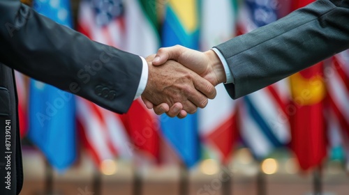 Handshake of presidents against the background of flags, congress and satisfied politicians.