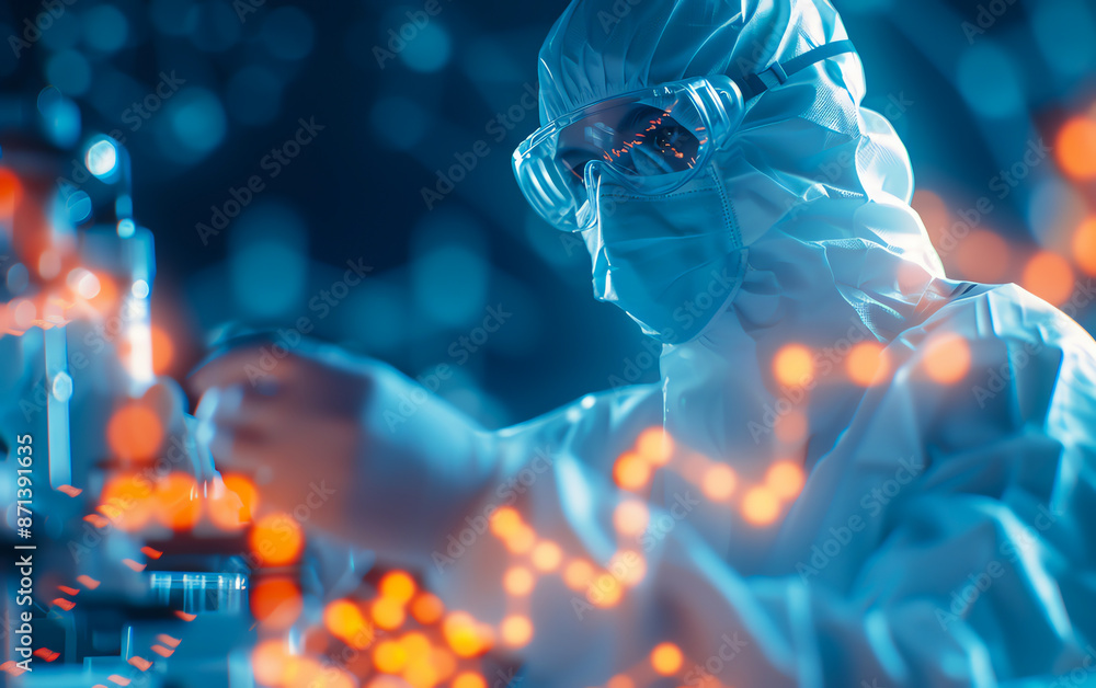 Scientist in protective gear examining samples in a high-tech laboratory with data visualization in the foreground. Scientist in protective gear examining samples in a high-tech laboratory with data visualization in the foreground.