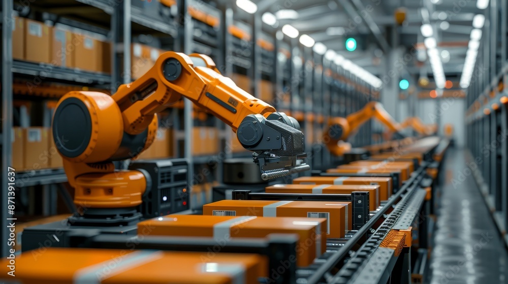 Sophisticated robotics managing the sorting and packaging of various containers, enhancing industrial efficiency Sophisticated robotics managing the sorting and packaging of various containers, enhancing industrial efficiency