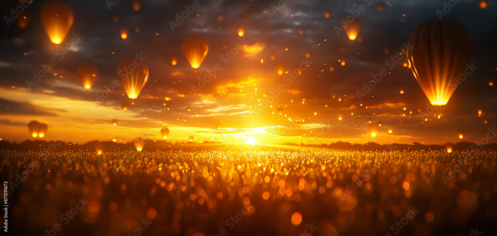 Naklejka premium Stunning sunset landscape with hot air balloons and golden light sparkles, creating a magical and serene atmosphere.