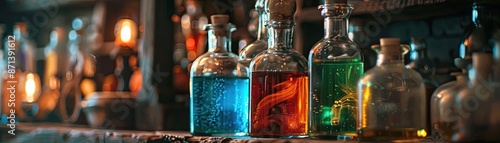 Close-up of vintage apothecary bottles filled with colorful liquids on a wooden shelf, creating a nostalgic and mysterious atmosphere. photo