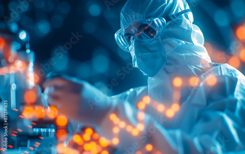 Wallpaper Mural Scientist in protective gear examining samples in a high-tech laboratory with data visualization in the foreground. Torontodigital.ca
