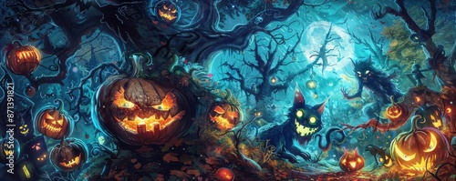 Spooky Halloween night scene featuring glowing jack-o'-lanterns, eerie trees, and black cats under a full moon in a haunted forest.