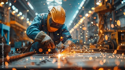 Workers in a large industrial plant fabricating steel structures, sparks from welding, dynamic lighting