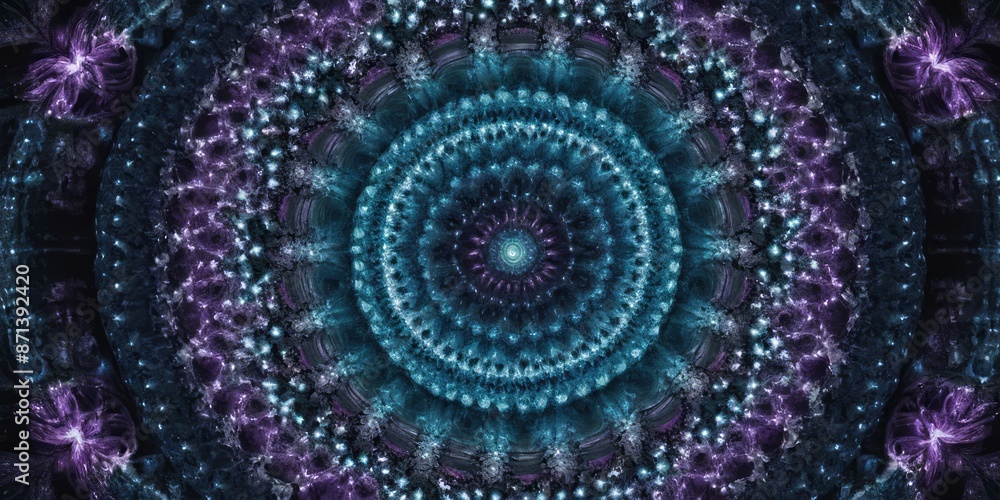 A digital illustration of a circular mandala pattern in blue and purple, with glowing details A digital illustration of a circular mandala pattern in blue and purple, with glowing details