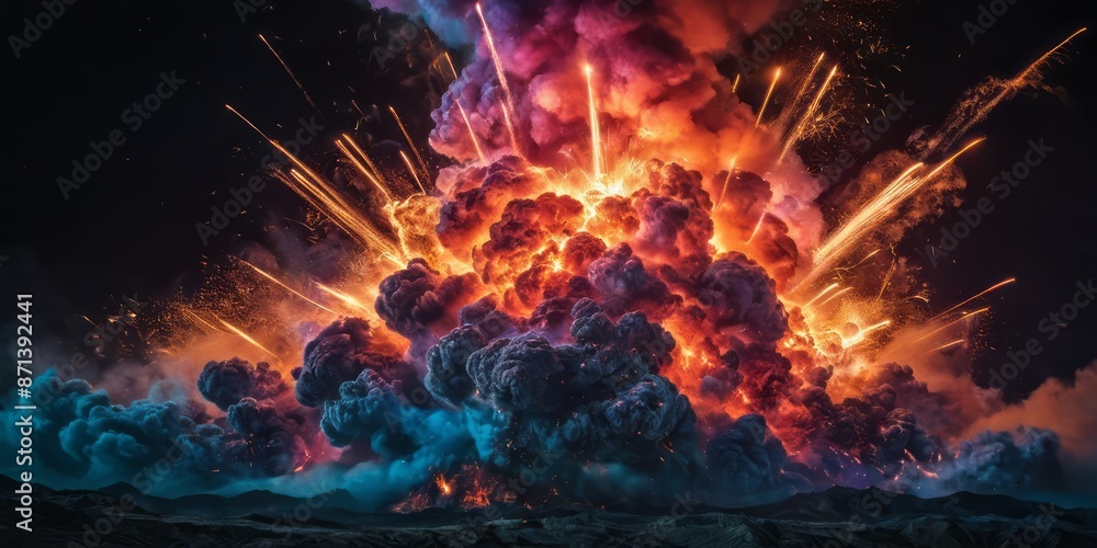 A massive explosion illuminates the night sky with bright orange and purple flames, casting long shadows on the dark ground below A massive explosion illuminates the night sky with bright orange and purple flames, casting long shadows on the dark ground below