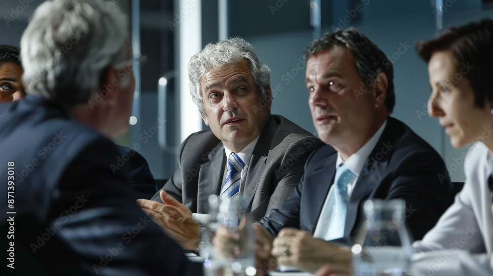 Executives in a corporate meeting engaged in a thoughtful conversation under bright office lights. Executives in a corporate meeting engaged in a thoughtful conversation under bright office lights.