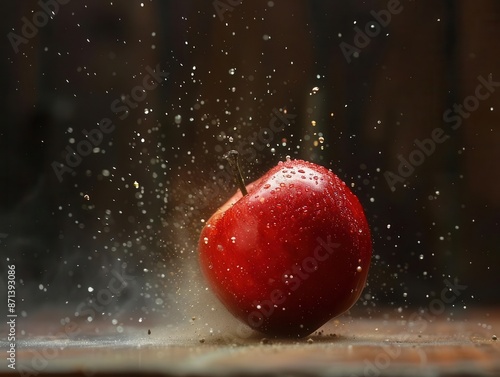 Crisp shot of a vibrant red apple falling and bouncing off the ground, with a blur effect to highlight the speed and impact