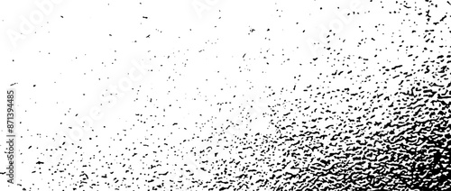 Gritty grunge gradient texture. Black grain overlay background. Distressed noise surface with dust, sand, particles, specks, speckles. Rough dirty granule backdrop of concrete, cement, gravel. Vector