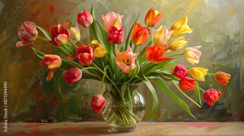 Colorful Tulips in Glass Vase for Spring Interior Beauty