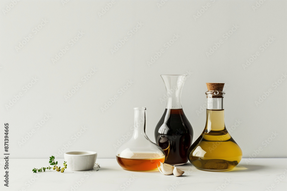 Minimalist display of balsamic vinegar, olive oil, Dijon mustard, garlic, and honey on a simple, soft-toned background. Minimalist display of balsamic vinegar, olive oil, Dijon mustard, garlic, and honey on a simple, soft-toned background.