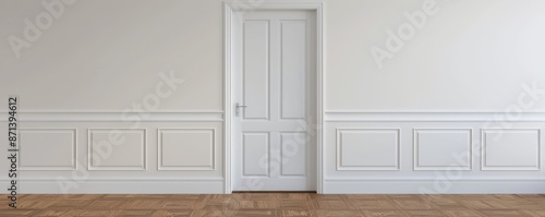 White door in classic interior with wainscoting and wooden floor
