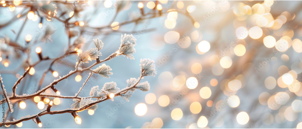 Fototapeta premium Close-up of frost-covered branches with soft bokeh lights in the background, creating a dreamy winter atmosphere.